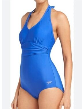 Speedo Blue Halter One Piece Swimsuit Size 10 Ruched V-Neck Like New EEUC
